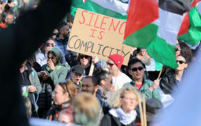 Protesters gathered in Auckland's Aotea Square in the March for Humanity, demanding the NZ government impose sanctions on Israel.
