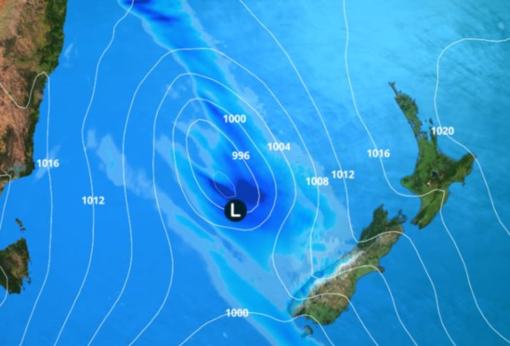 The low pressure system is approaching New Zealand from the Tasman.