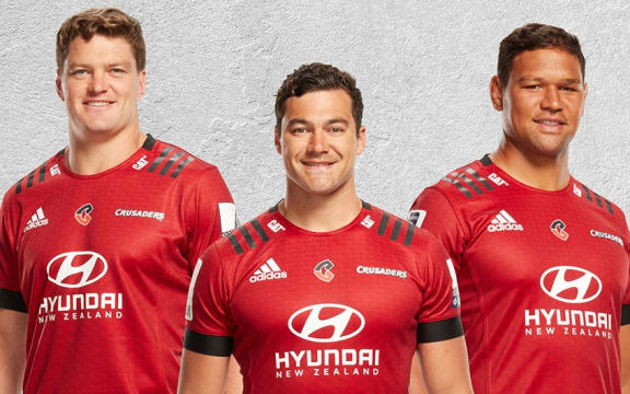 Scott Barrett, David Havili and Whetu Douglas model the new Crusaders jersey for 2020.