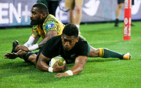 Waisake Naholo goes in for the All Blacks first try. 3rd Bledisloe Cup rugby test match, Australia v All Blacks,  Brisbane, 2017