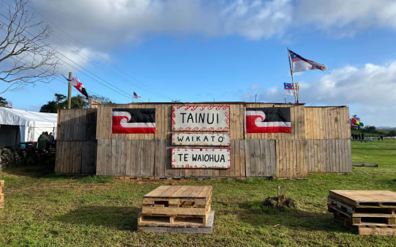 Ihumātao occupiers gathered to mark a year since the eviction notice for the disputed land was served, 23 July 2020.