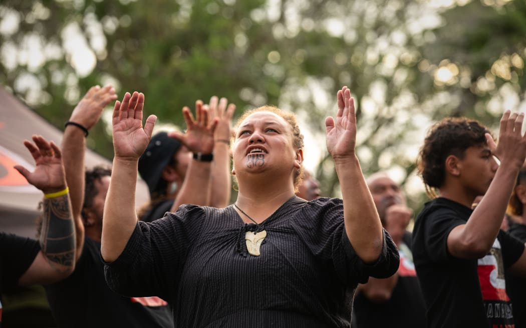 Ngahuia Harawira performing at the Waitangi Forum Tent, 2025.