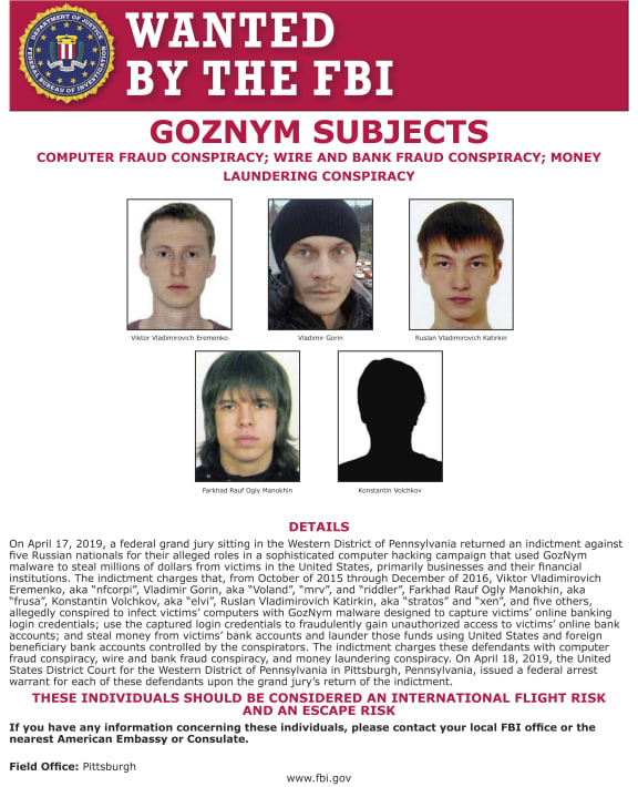This undated poster released by the FBI includes five Russian fugitives that have been charged in connection with malicious software attacks that infected tens of thousands of computers worldwide and caused more than $100 million in financial losses.