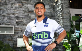 Stephen Perofeta models the Blues' 2026 home jersey.