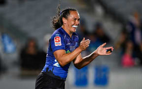 Portia Woodman-Wickliffe of the Blues celebrates her try, nib Blues Women v Matatu, Super Rugby Aupiki Grand Final at Eden Park.