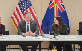 Doug Emhoff and Jacinda Ardern meeting in the Policy Office in Auckland, for a roundtable as part of the Christchurch Call - 21/7/23
