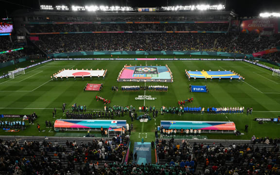 Players line-up before the Australia and New Zealand 2023 Women's World Cup quarter-final football match between Japan and Sweden at Eden Park in Auckland on 11 August, 2023.