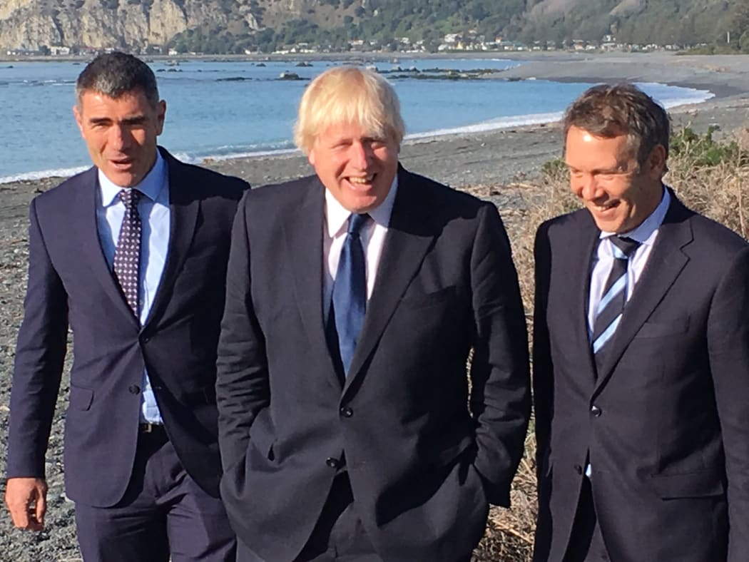 UK Foreign Secretary Boris Johnson, centre. in Kaikōua with Civil Defence Minister Nathan Guy, left, and Kaikōura MP Stuart Smith.