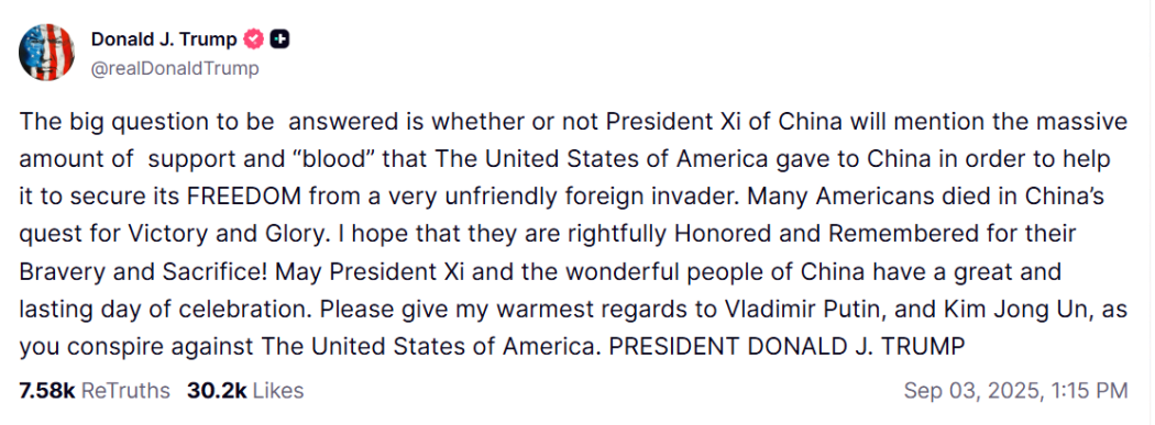 Donald Trump's social media post following Chinese leader Xi Jinping's hosting of world leaders for a military parade in Beijing.