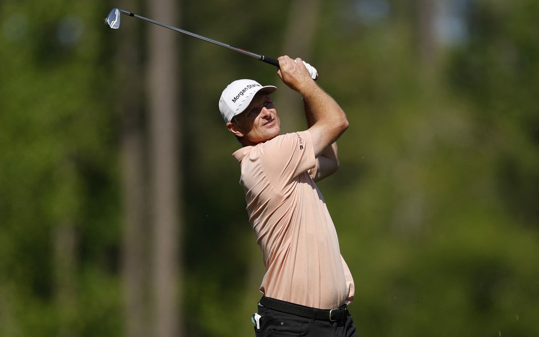 Justin Rose of England plays his shot from the 12th tee during the final round of the 2025 Masters Tournament at Augusta, Georgia, 14 April, 2025.