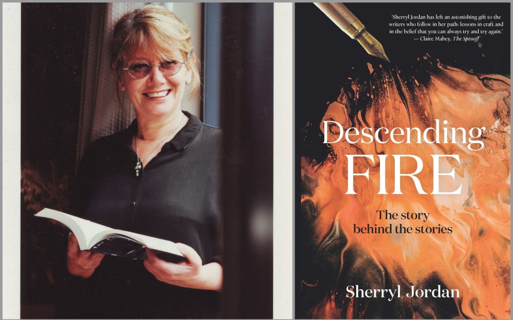 Image of Sherryl Jordan and book cover of 'Descending Fire'