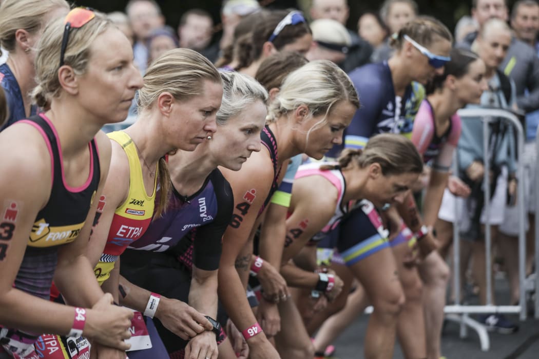 Despite the cancellation of the swimming component of the Ironman 70.3 athletes were on the starting line this morning. Pro womens set their watches at the starting line.