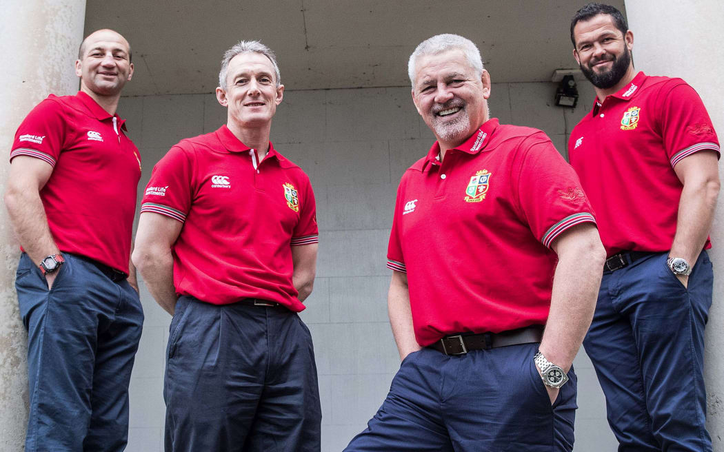 (L-R) Coaches Steve Borthwick and Rob Howley, head coach Warren Gatland and coach Andy Farrell.
