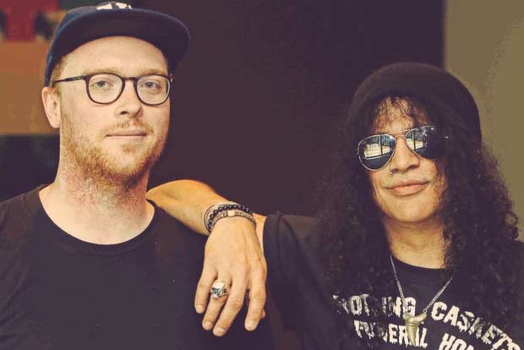 Music 101's Zac Arnold and Slash.