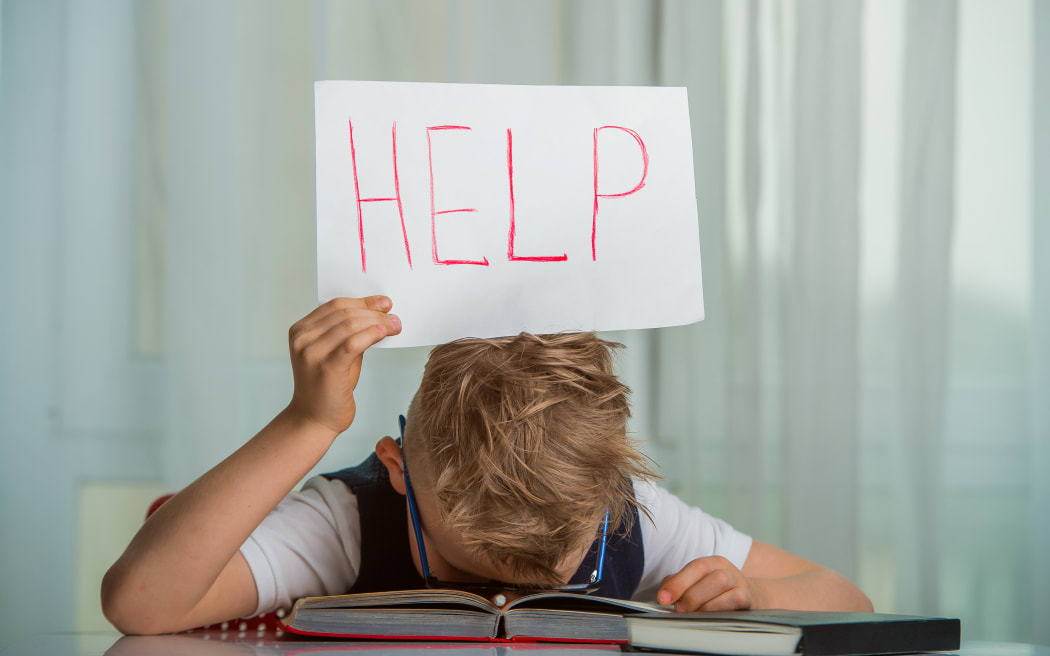 Kid boy sleeping with a textbook over his head and holding a sign with the word Help