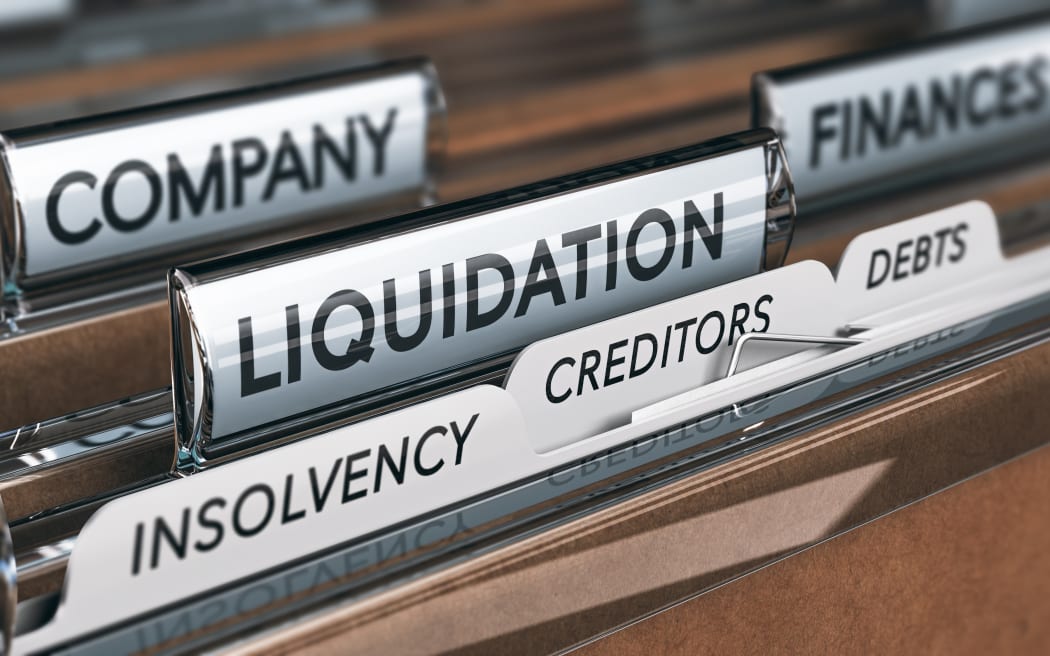 Company liquidation concept. File and tabs with the words insolvency, creditors and debts. 3D illustration
