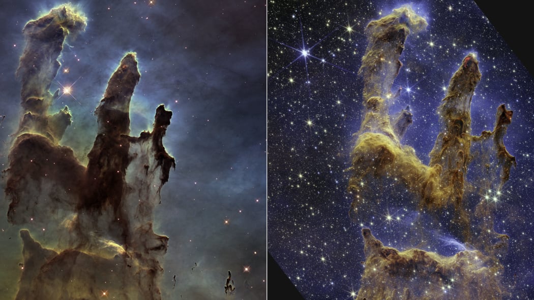These handout photos provided by NASA on October 19, 2022 shows the Pillars of Creation that are set off in a kaleidoscope of color in NASA’s James Webb Space Telescope’s near-infrared-light view (R) compared to the Hubble's telescope 2014 wider view in visible light (L). - The pillars look like arches and spires rising out of a desert landscape, but are filled with semi-transparent gas and dust, and ever changing. This is a region where young stars are forming – or have barely burst from their dusty cocoons as they continue to form. (Photo by Space Telescope Science Institut / NASA/ESA/CSA / AFP) / RESTRICTED TO EDITORIAL USE - MANDATORY CREDIT "AFP PHOTO / NASA/ESA/CSA " - NO MARKETING NO ADVERTISING CAMPAIGNS - DISTRIBUTED AS A SERVICE TO CLIENTS