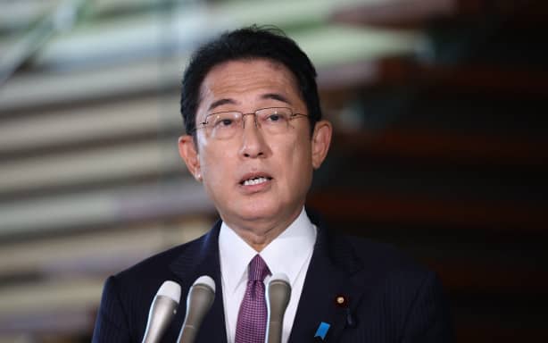 Japanese Prime Minister Fumio Kishida says Japan is deeply saddened by the death of Queen Elizabeth II and we express our sincerest condolences at the prime minister’s office in Tokyo on Sept. 9, 2022.