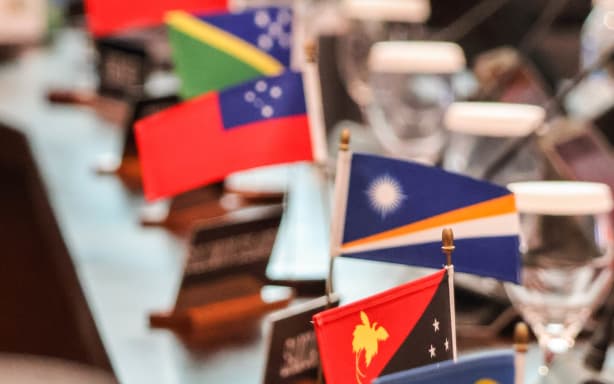 Flag display during the Smaller Island States Leaders Meeting. 31 August 2026.