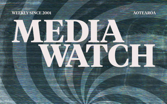 A grey and blue hypnotising illustration on the background with a large title saying "Mediawatch" and words "weekly since 2001" above the title. In the corner is an RNZ tohu.