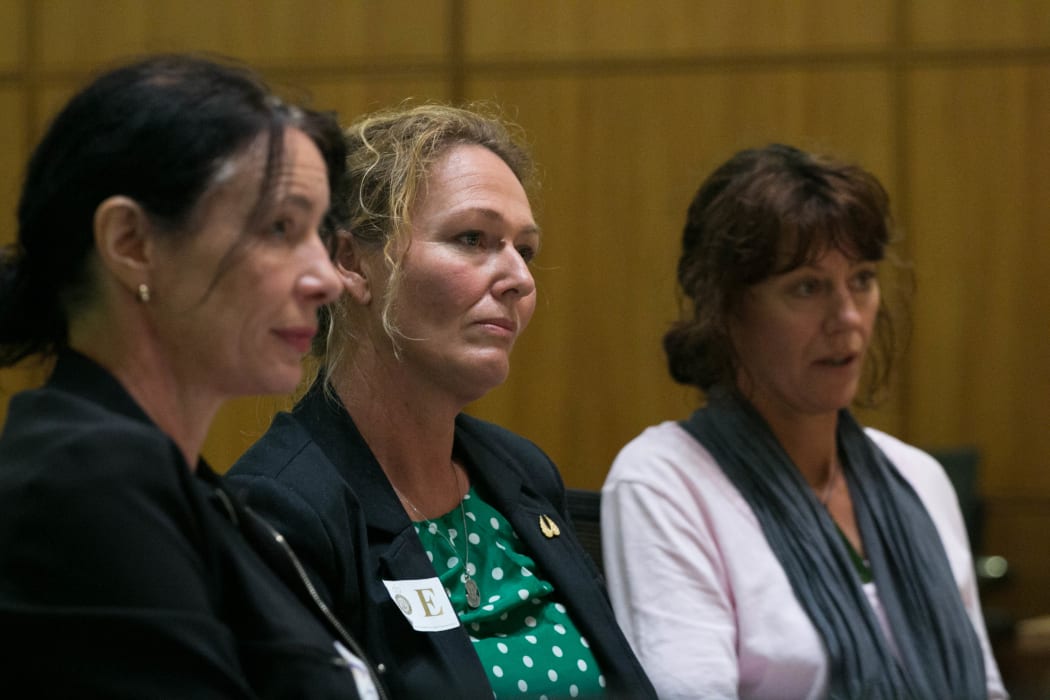 Rose Renton (centre) answers questions from the Health Committee on her petition to reform access to medicinal cannabis with Lawyer Sue Grey (left).