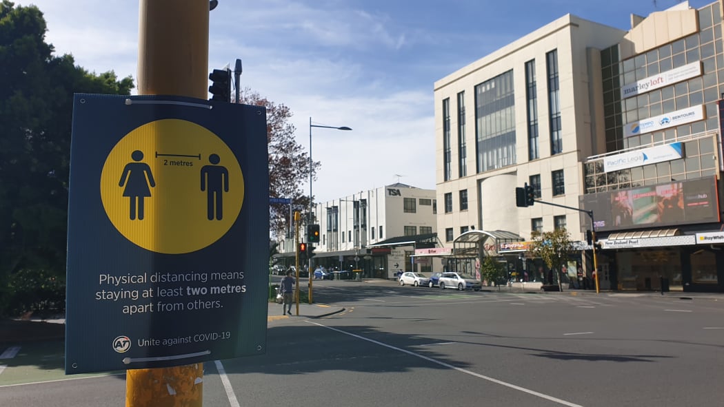 2 metre distance signs in Newmarket Auckland on day one of alert level 3 on 28 April.