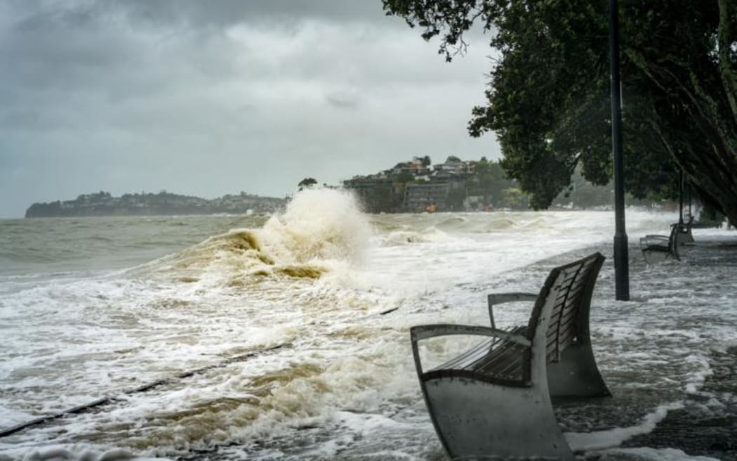 A king tide and storm surge causing flooding along Auckland's Tamaki Drive.