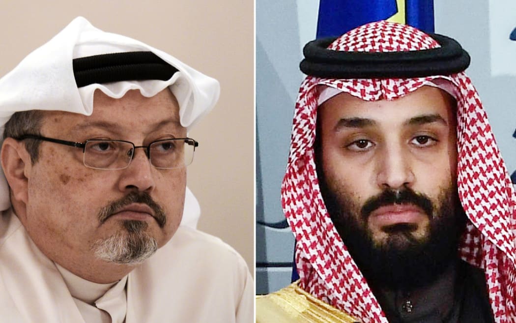 Saudi journalist Jamal Khashoggi (L) during a press conference in the Bahraini capital Manama and a file photo taken on April 12, 2018 of Saudi Arabia's crown prince Mohammed bin Salman