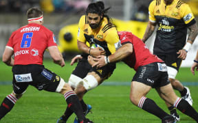 Michael Fatialofa in action during the Super Rugby Final between the Hurricanes and Lions at Westpac Stadium in Wellington.
