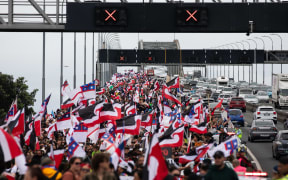 Thousands of people stream down the Auckland Harbour Bridge as the hīkoi approaches the city centre on 13 November 2024.
