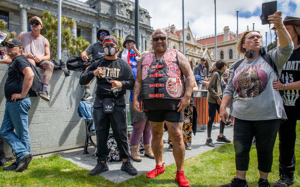 Every protestor I asked was not local. Many came long distances. This attendee is from the Mongrel Mob Notorious chapter, Tokoroa.