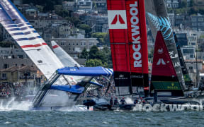 France SailGP Team helmed by Quentin Delapierre collides with ROCKWOOL Denmark SailGP Team helmed by Nicolai Sehested on Race Day 2  of the SailGP Season 4 Grand Final in San Francisco, USA. Sunday 14th July 2024. Photo: Ricardo Pinto for SailGP. Handout image supplied by SailGP