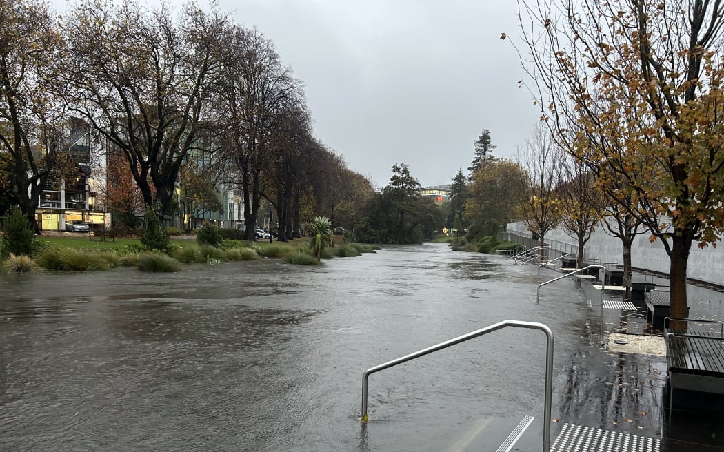 Christchurch's Avon River in flood on 1 May 2025.