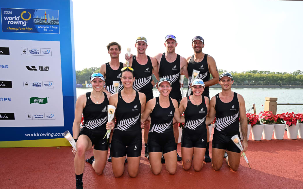 The New Zealand team who have won bronze in the first ever mixed eight held at a world rowing championship. In Shanghai are back row, from left, Harry_Molloy_(cox), Oliver_Welch, Ben_Taylor, Campbell_Crouch. Front_row, Alana Sherman, Rebecca Leigh, Juliette Lequeux, Isla Blake and Flynn Watson.