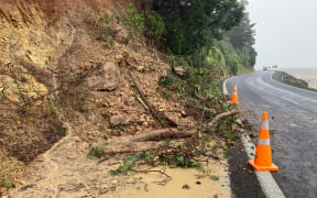 A slip along the Thames Coast Road between Thames and Te Puru in Coromandel, Mondayy 13 February 2023.