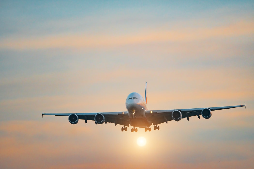 Airplane in the sky at sunset