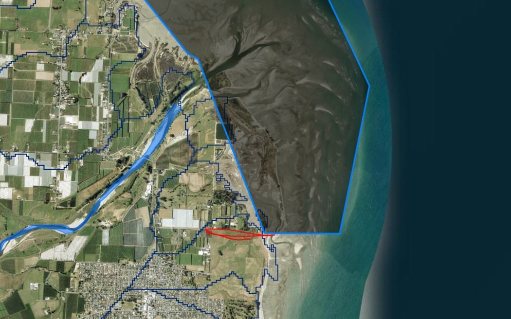 An image of the area where gathering shellfish and whitebait is prohibited due to problems with the Motueka Wastewater plant.