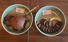 Two plates of meat-like products.