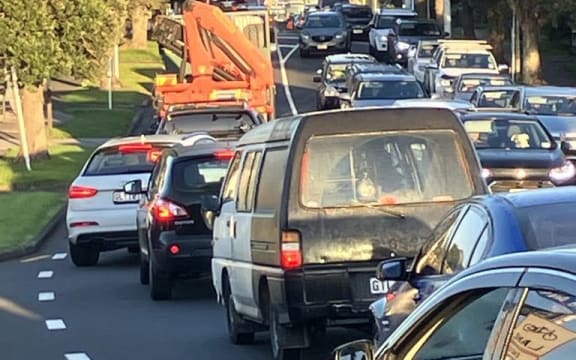 Traffic on Rimu Rd, Mangere Bridge, as morning commuters try and find a way to get on the motorway.
