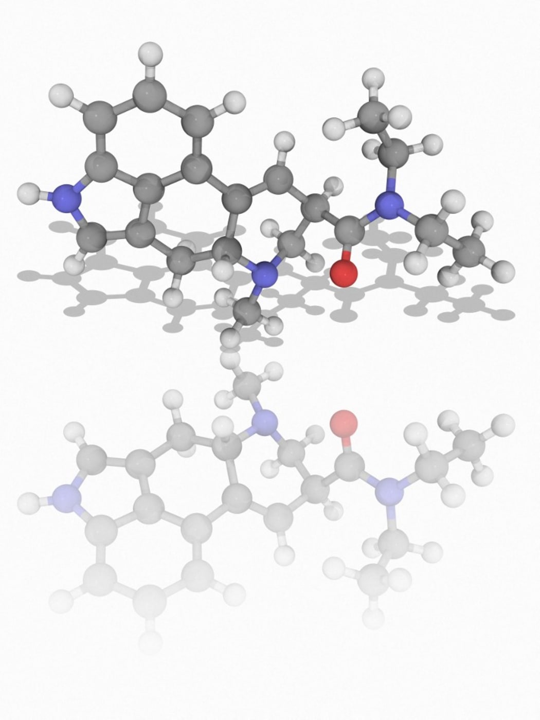 LSD drug. Molecular model of lysergic acid diethylamide (C20.H25.N3.O), also known as lysergide and more commonly called LSD.  Atoms are represented as spheres and are colour-coded: carbon (grey), hydrogen (white), nitrogen (blue) and oxygen (red).