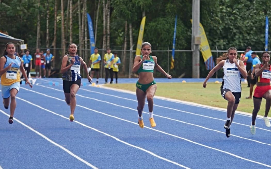 The women's 100m race on 4 July 2025 at the Palau National Stadium.