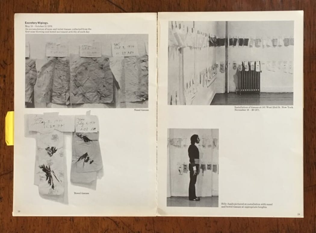 The Excretory Wipings exhibition was displayed in New York and in London in the early 1970s. This catalogue page shows the art works which comprise various bodily excretions.