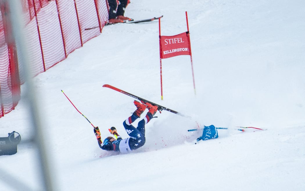 Mikaela Shiffrin of team USA crashes in the Giant Slalom during the Women's World Cup Giant Slalom in Killington, Vermont, Nov 30, 2024.