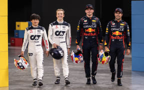 Second-tier drivers Yuki Tsunoda and Liam Lawson and Oracle Red Bull drivers Max Vertsappen and Sergio Perez (L to R).