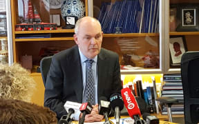 Steven Joyce at the Beehive this morning, criticising Labour's fiscal plan.