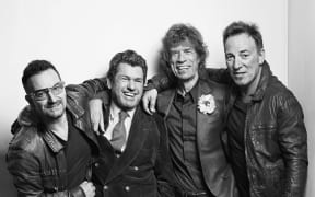 Bono, Jann Wenner, Mick Jagger, and Bruce Springsteen, at the 25th Anniversary of the Rock and Roll Hall of Fame, in 2009.