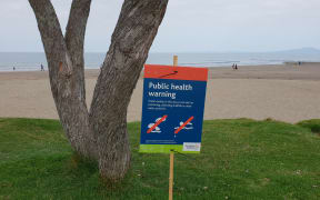 A swimming warning sign at Brown's Bay beach in Auckland.