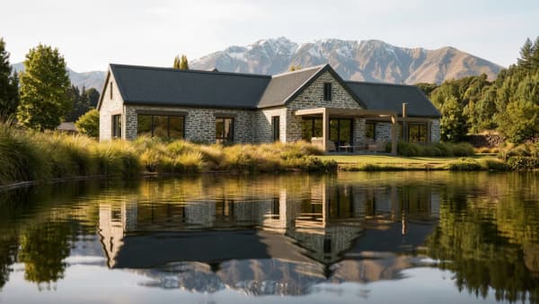 Large stone styled home with clear pond in front