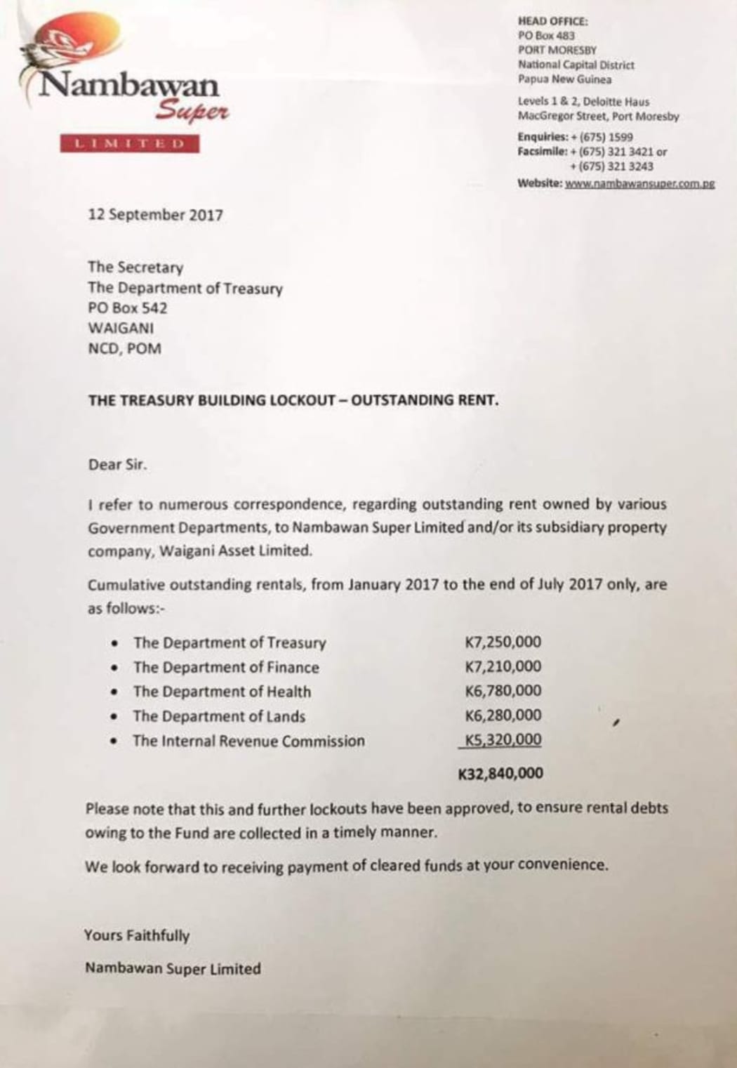 Letter notifying government of rent money owed