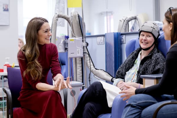 Britain's Catherine, Princess of Wales (L) talks with Katherine Field during a visit to the Royal Marsden Hospital in west London on January 14, 2025. (Photo by Chris Jackson / POOL / AFP)